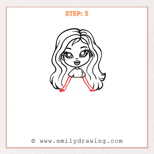 how to draw a bratz doll - A Bratz doll head with long wavy hair and a short-sleeve top, now with two slender arms extending down and small hands added.